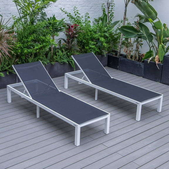 LeisureMod Marlin Patio Chaise Lounge Aluminum White Frame Set of 2 Black