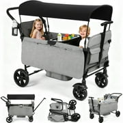Vomeast Wagon Stroller for Kids, Spacious 2-Seater Stroller Wagon with Adjustable Canopy, Pull & Push Handle, 5-Point Harness, Foldable for Toddlers, Grey