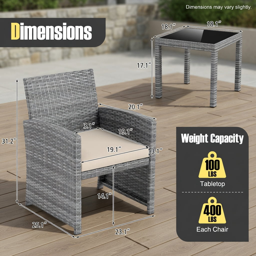 Hommoo 3-Piece Outdoor Patio Furniture Set, PE Rattan Sofa Chairs with Tempered Glass Coffee Table, Weather-Resistant Wicker for Porch, Poolside & Backyard, White