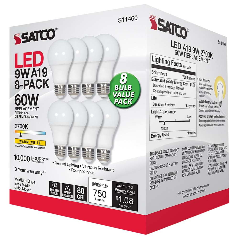 8Pk - 9W A19 LED 2700K Non-Dimmable E26 Medium base 120v - 60w equiv