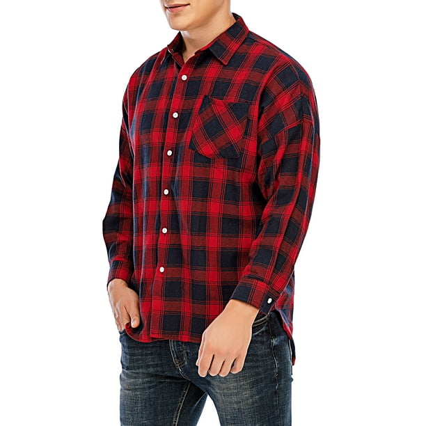 LELINTA Mens Long Sleeve Red Plaid Shirt Flannel Plaid Outdoor Big and ...
