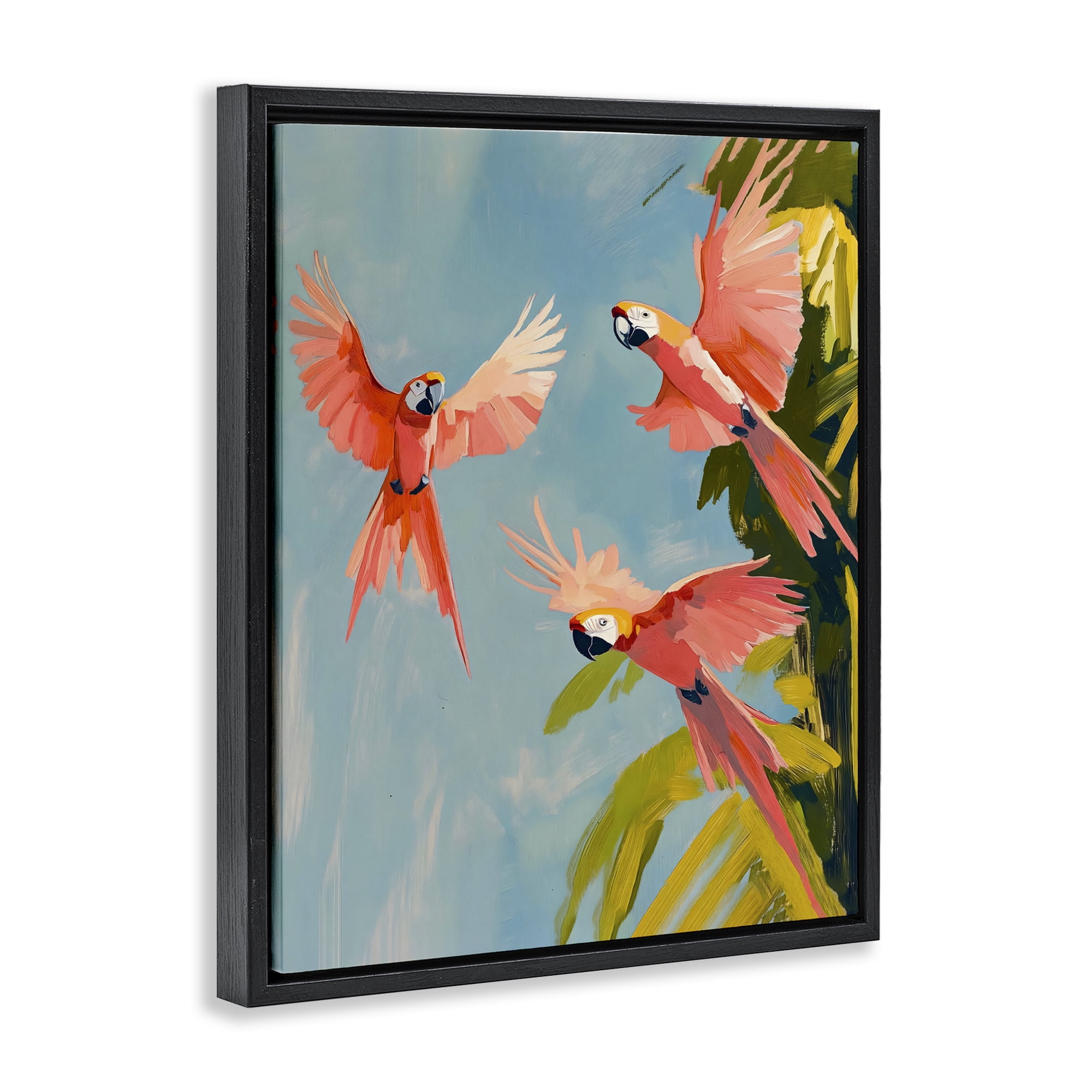 Stupell Industries Botanical Parrots in Flight Black Framed Floater Canvas Wall Art, design by The Prints Vibe