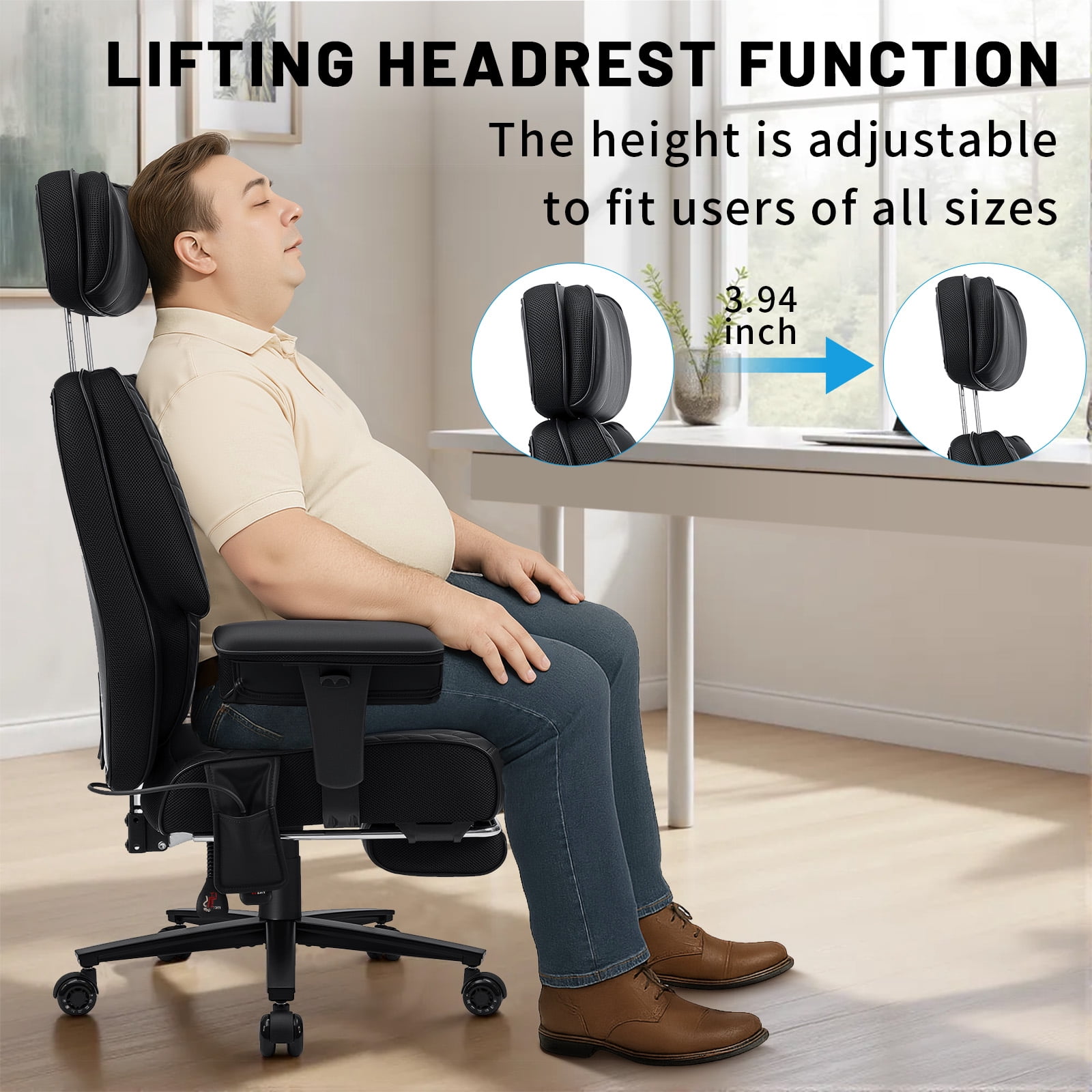 Hoffree Big and Tall Office Chair 500lbs, Reclining Ergonomic Desk Chair with Adjustable Lumbar Support, Arms and Headrest, Executive Leather High Back Computer Chair with Footrest for Home, Black