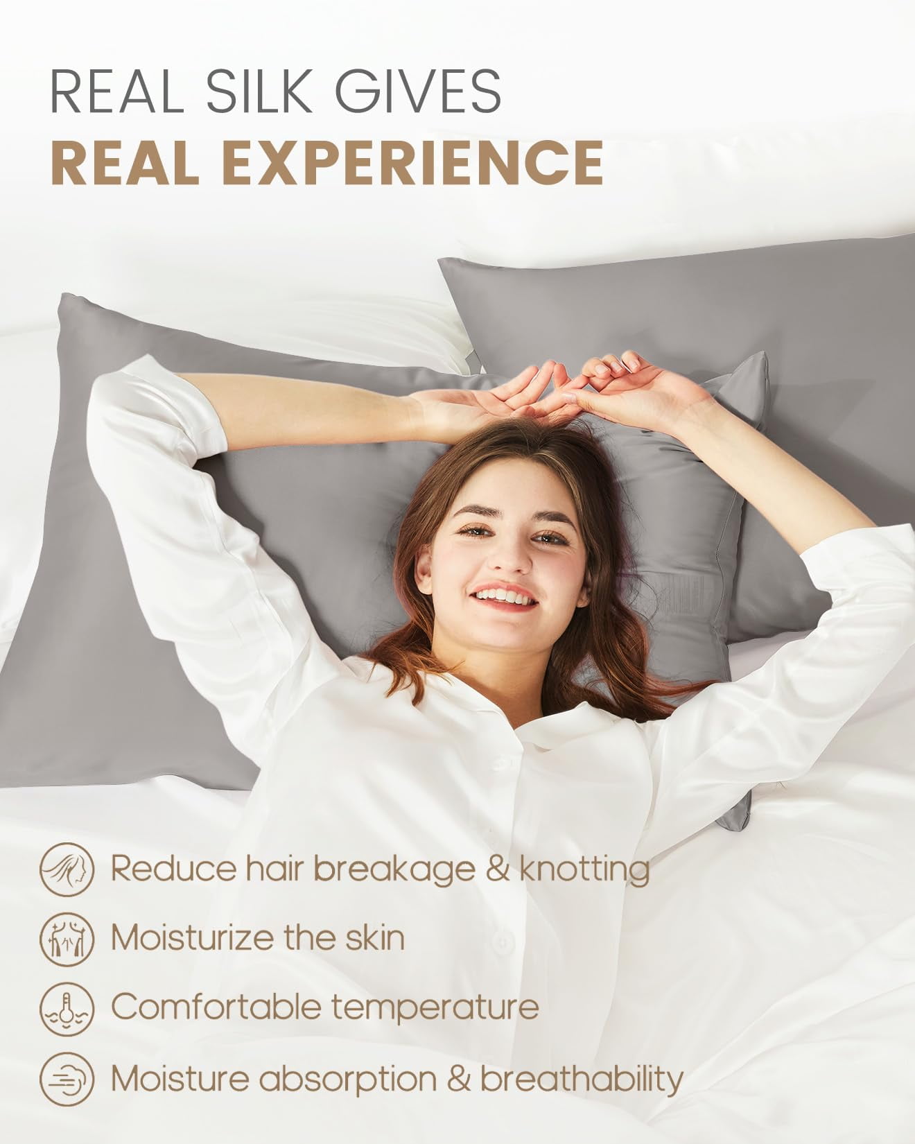 THXSILK 19 Momme Silk Pillowcase, Mulberry Silk Pillow Case with Hidden Zipper, Both Sided 100% Natural Mulberry Silk, Queen Size(20"x30"), Charcoal