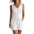 thumbnail image 2 of Yteetum Jumpsuits for Women Summer Sleeveless V Neck Cotton Button Waist Tie Rompers Womens Casual Solid Loose Lightweight Comfy Beach Travel Vacation Overalls, 2 of 8