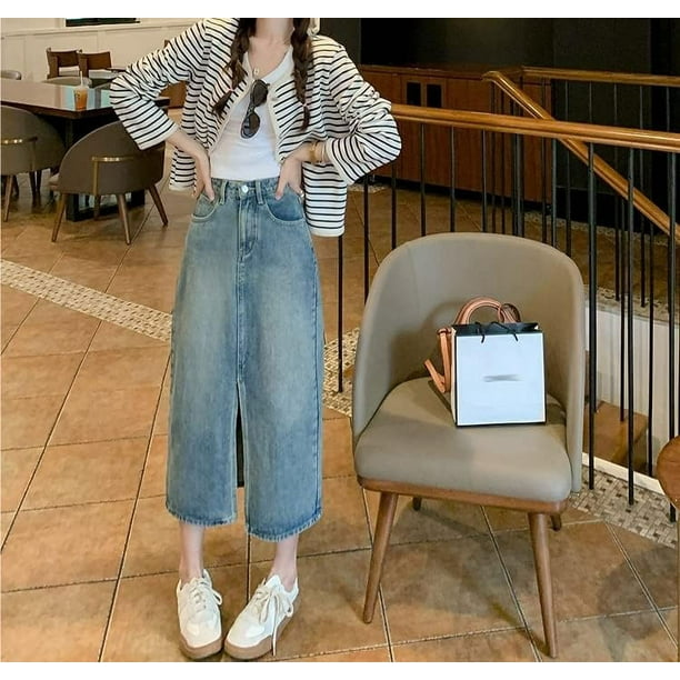 ORUYROP Ete Casual avant Fente Longue Jupe Jean Femmes Jupe Denim Midi en Vrac une Ligne Streetwear Taille Haute