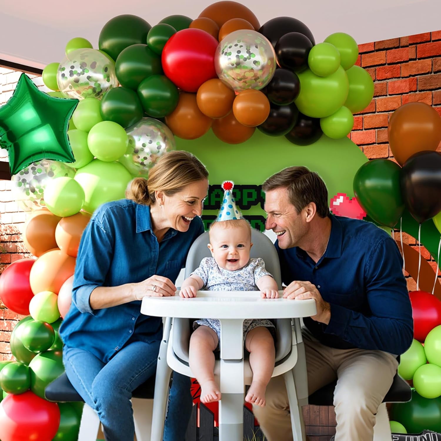 Balloon Arch Garland with Green Brown Black Balloons and Star Confetti for Video Game Theme Birthday Baby Shower Graduation Party Decorations