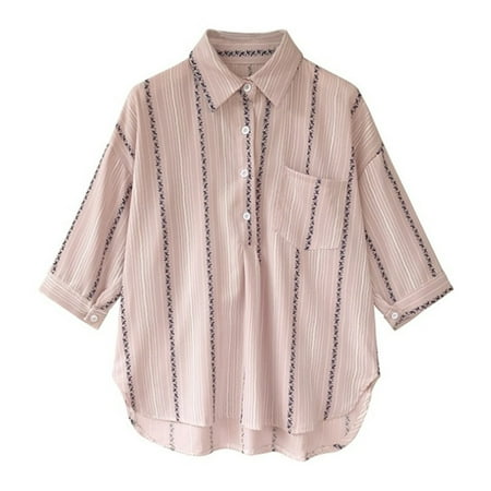 

Chiffon Shirt Women Stripe T-shirt Casual Loose Top Lapel Button Blouse