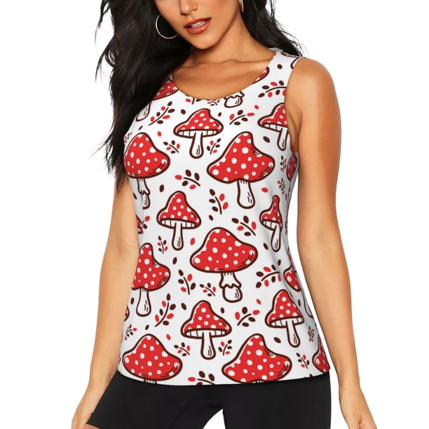 Fotbe Amanita Red Mushroom Blusas Sin Mangas para Mujer – Estilo Casual, Corte Suelto, Slim-Fit, Cuello Redondo Deportivo, Tops de Verano para Gimnasio y Yoga-Large