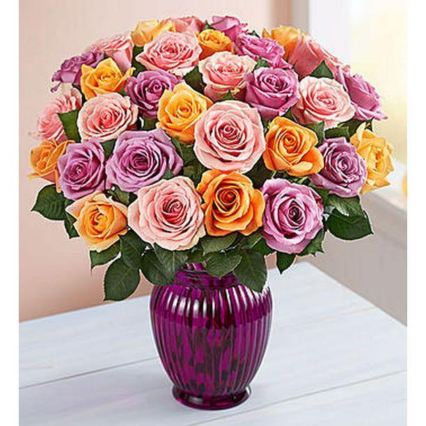 1-800-Flowers: Fresh Flowers - Sorbet Roses 36 Stems with Purple Vase ...