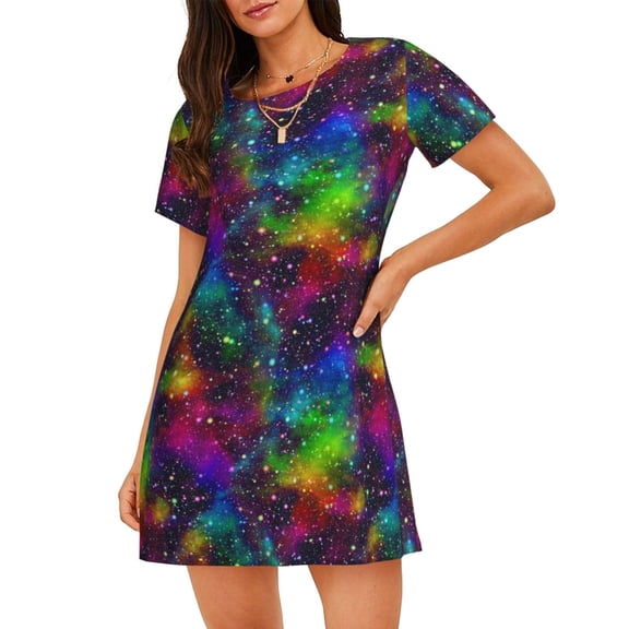 Logiee Bright Universe Print Nightgowns for Women,Soft Short-Sleeved Lightweight Sleepwear, Loose Sleepshirts