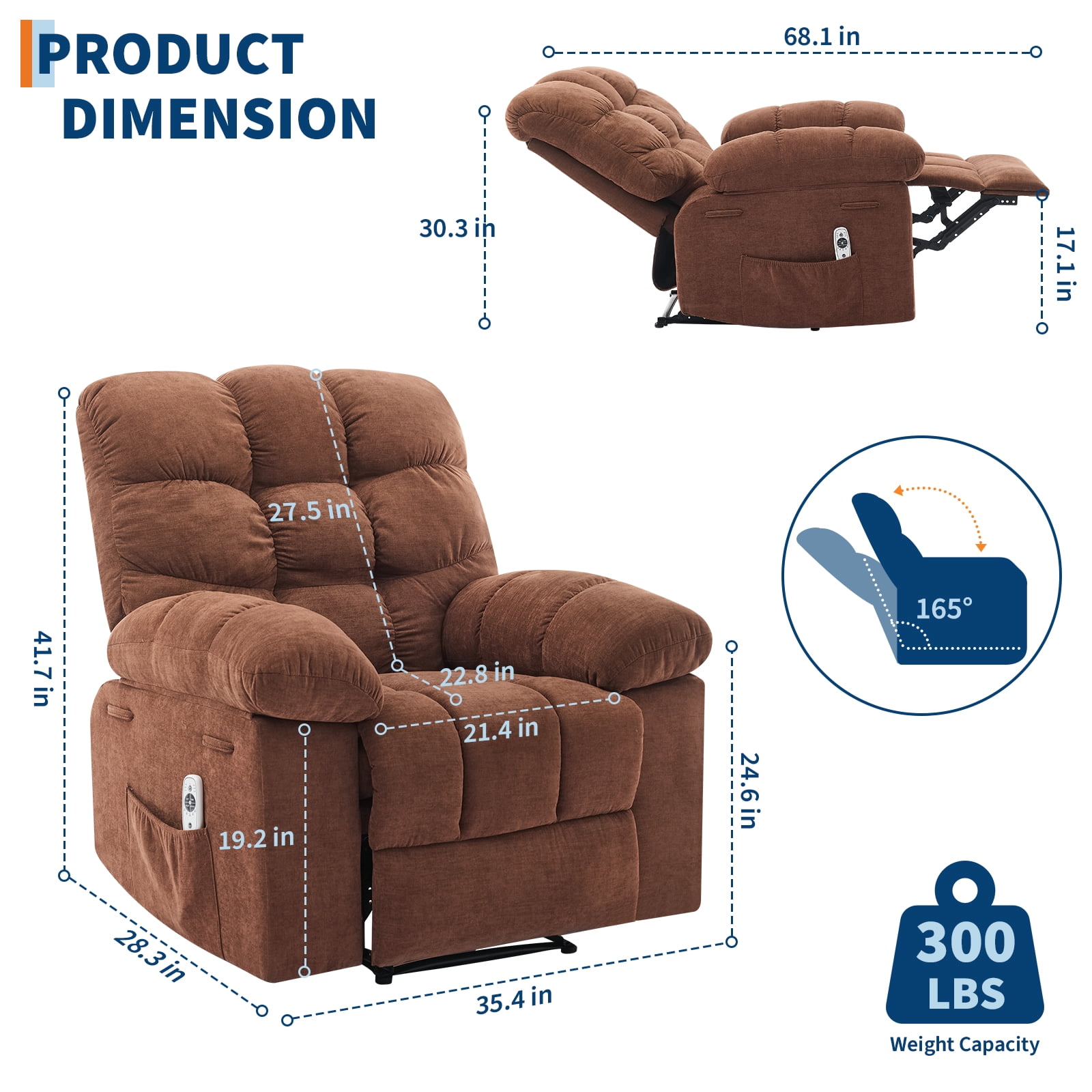 Recliner Chair for Adult, Recliner with Massage&Heating, Manual Recliners, Upholstery Overstuffed Soft Rocking Sofa Chair, Brown
