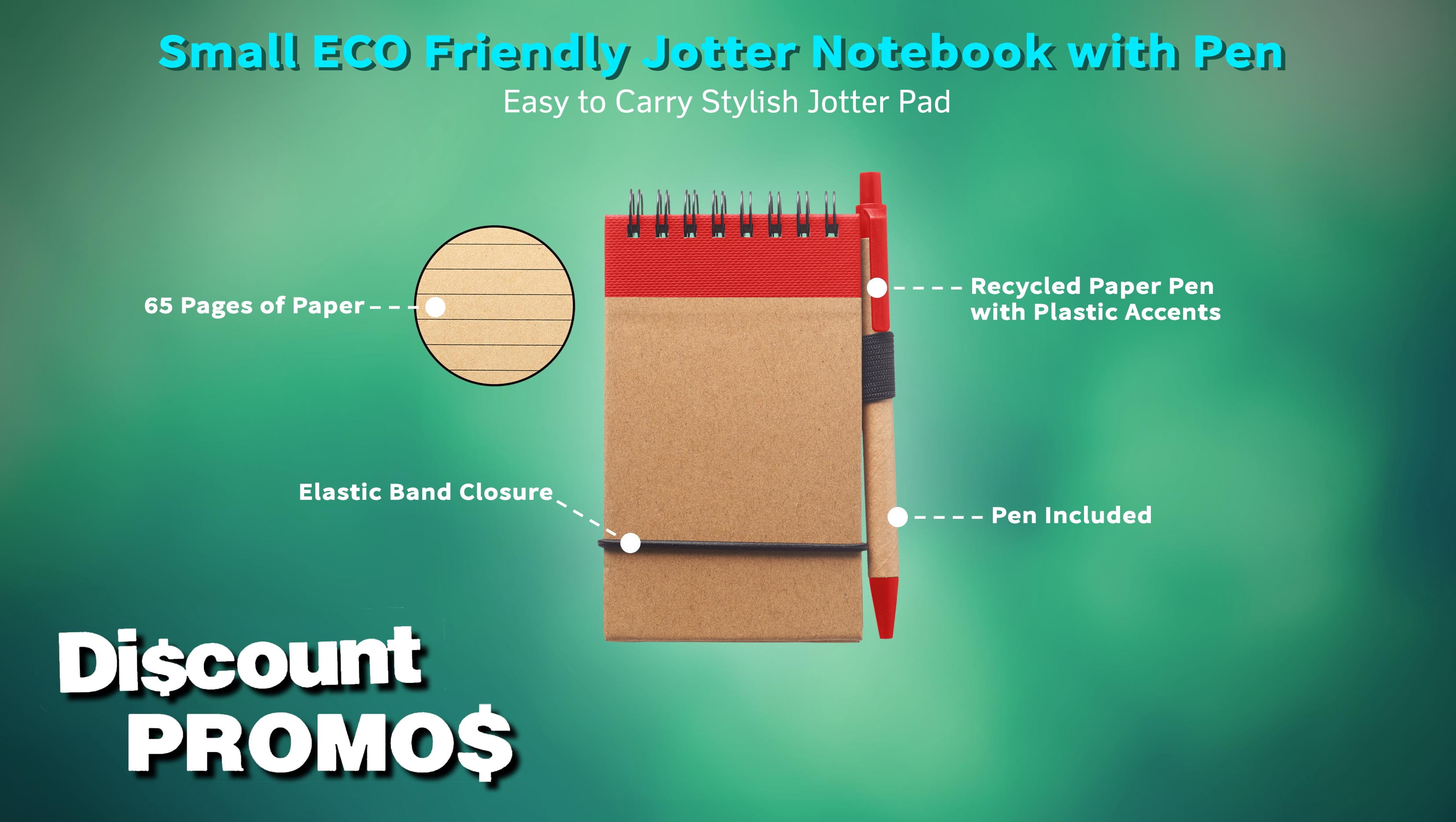10 ECO Jotters with Pen Set - Recycled Paper, 3 x 5 inches, Minimalist, Handy - Red