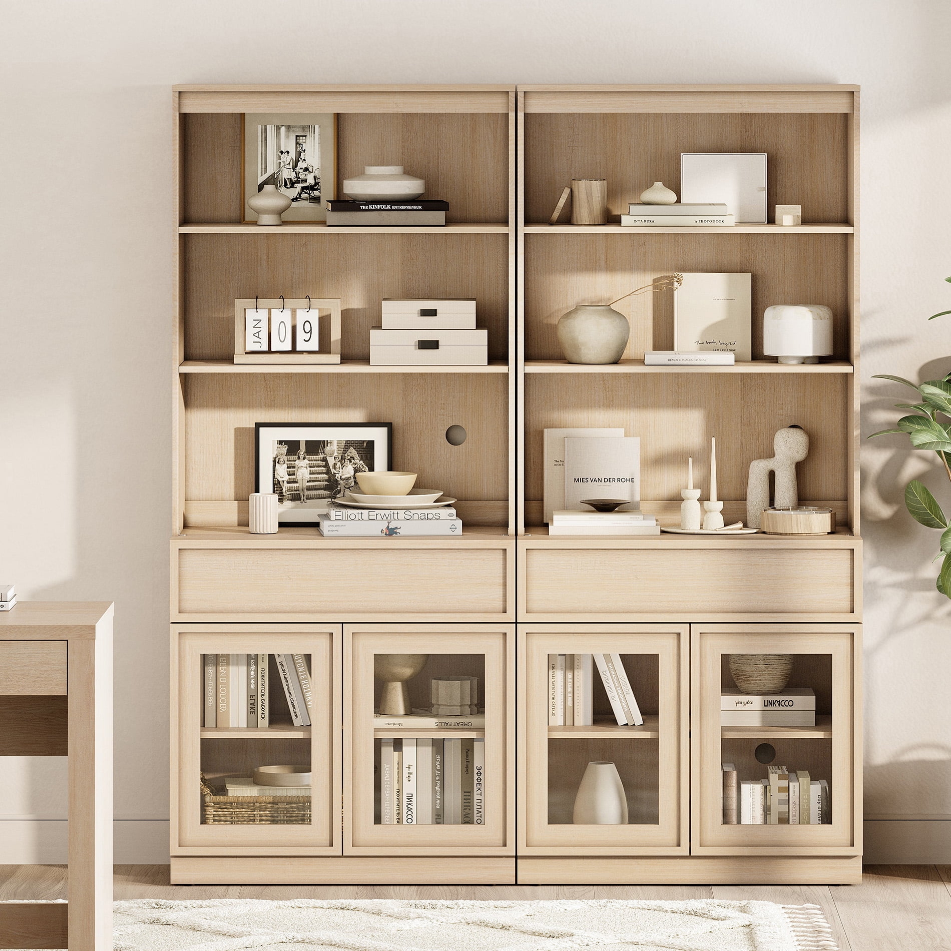Modern 72" Tall Bookshelf with Glass Doors & Drawers, Library Bookcase with Storage Cabinet and Open Shelves,Beige