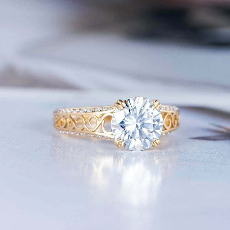 HeartsAndYou 1.5ct Round Cut Moissanite Engagement Ring for Women Filigree Solitaire 18k Yellow Gold over Silver