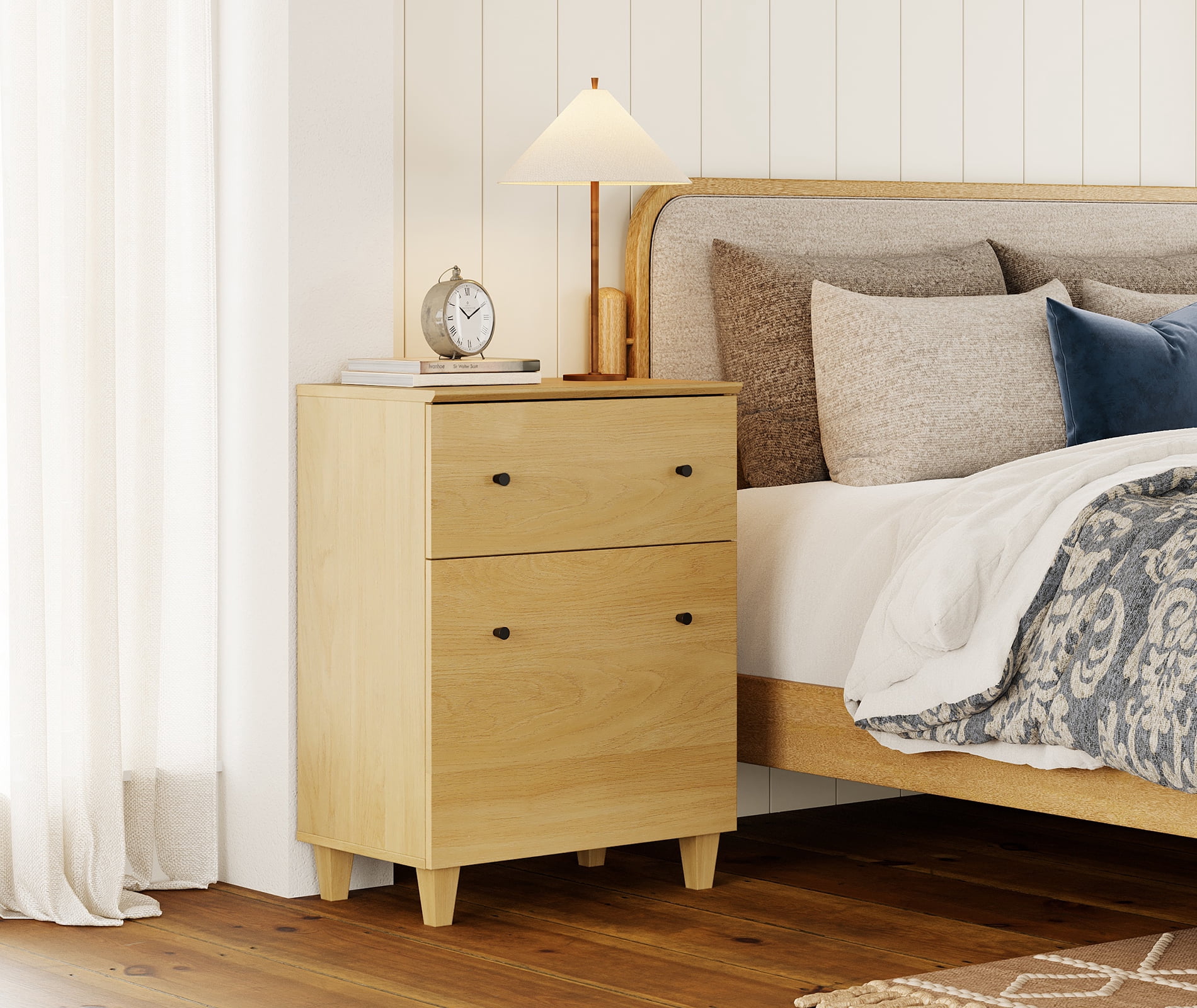 WAMPAT Nightstand with Drawer and Door, Modern Large Bedside Table with Adjustable Storage Shelf, Wooden Accent Cabinet for Bedroom, Oak Wood