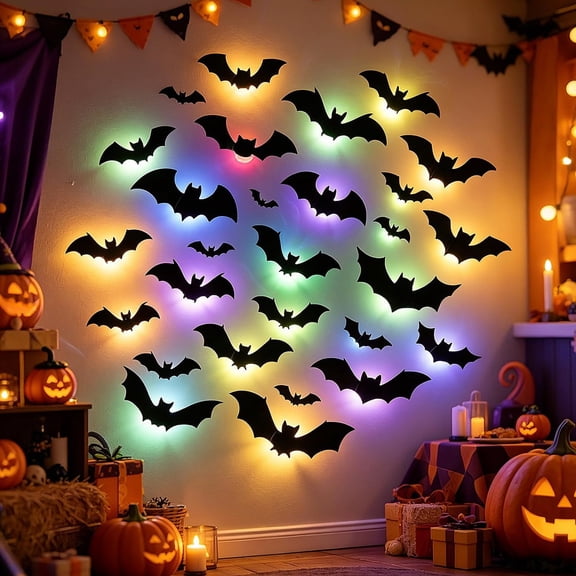 Halloween 3D Lighted Bats, LED Purple Glowing Wall Stickers, Indoor Outdoor