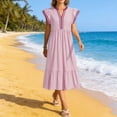 thumbnail image 4 of WRKEKC Robes Midi pour Femmes à Rayures à Double Volant Manches Courtes Col en V Midi Entretien Facile Extensible Confort Chic Doux, 4 of 5
