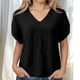 thumbnail image 2 of Camisetas Casuales de las Mujeres de Moda Suelta Manga Corta V-Cuello Superior con Doble Capa Arrugado Detalle, Suave Poliéster Color Sólido Blusa para el Uso Diario, Camisetas de Cuello en V de las, 2 of 9