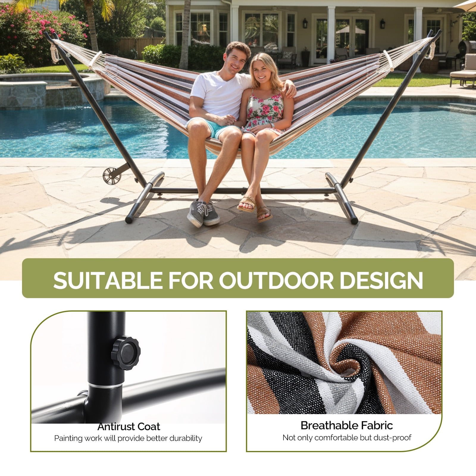 All-in-One Hammock Set with Wheeled Steel Stand, 440 lbs Capacity with Anti-Roller Spreader Bar, Cotton Canvas Hammock Set Tool-Free Assembly with Carry Bag for Indoor Outdoor Patio Yard Camping