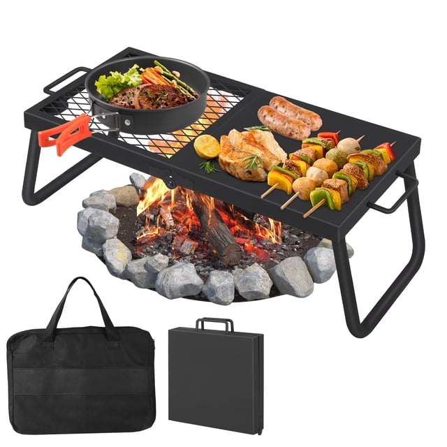 Alloy Steel Camping Swivel Grill, Adjustable Open Fire BBQ Stand with Grill & Griddle, Portable Campfire Cooking Rack with Carry Bag
