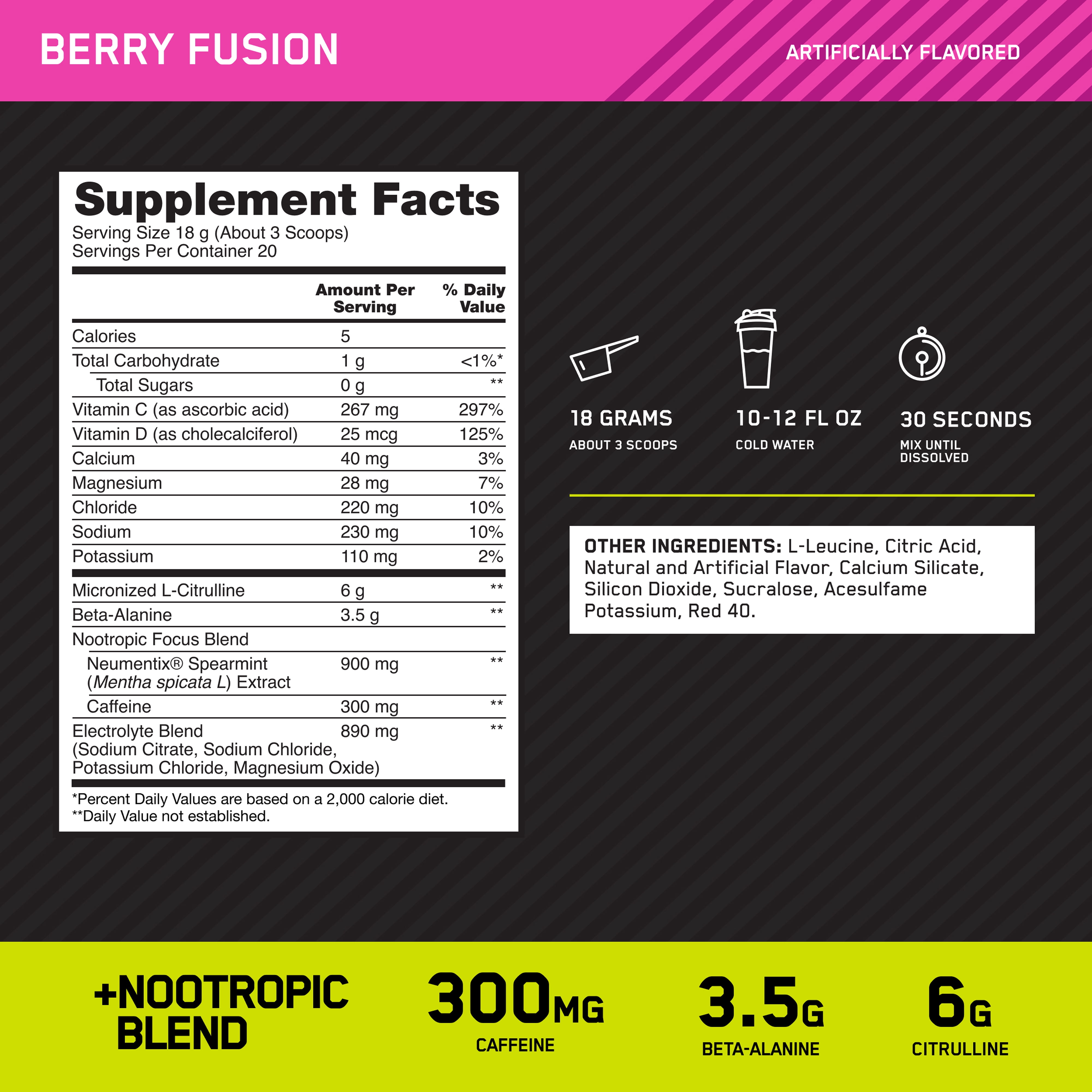 Optimum Nutrition, Pre-Workout Amped Powder, Berry Fusion, High Stim, Sugar-Free, Caffeine, 20 Servings