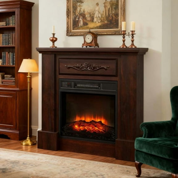 S-HOME Freestanding Electric Fireplace TV Stand with Mantel - Realistic 3D LED Log Flame, 1400W Heater for 323 Sq. Ft.