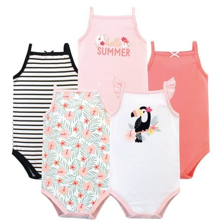 UPC: 0660168558722 | Hudson Baby Infant Girl Cotton Sleeveless Bodysuits 5pk  Tropical Toucan  12-18 Months