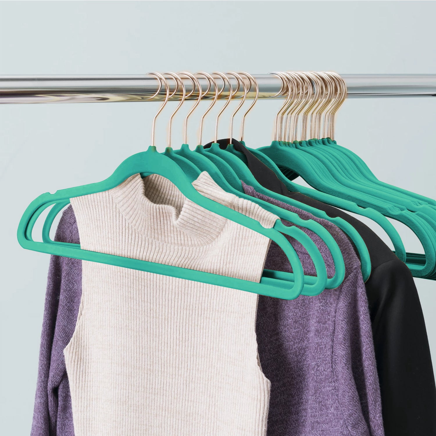 VECELO 100 Pack Velvet Non-Slip Heavy Duty Adult Hangers with 360° Swivel Hook, Ultra-Thin Space Saving Clothes Organizer for Coats Shirts Dresses Closet Storage-Green