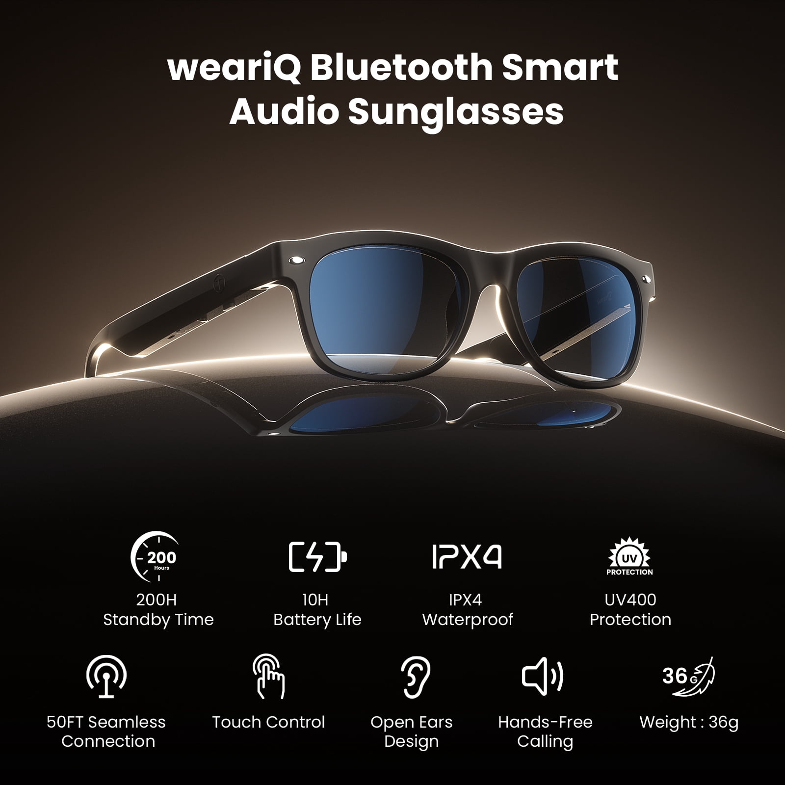 WeariQ Bluetooth Smart Glasses – Matte Black Audio Sunglasses – Blue Polarized Lenses, Open-Ear Speaker, 10-Hour Playtime, Hands-Free Calls, Voice AssistantHands-Free Calls & Music