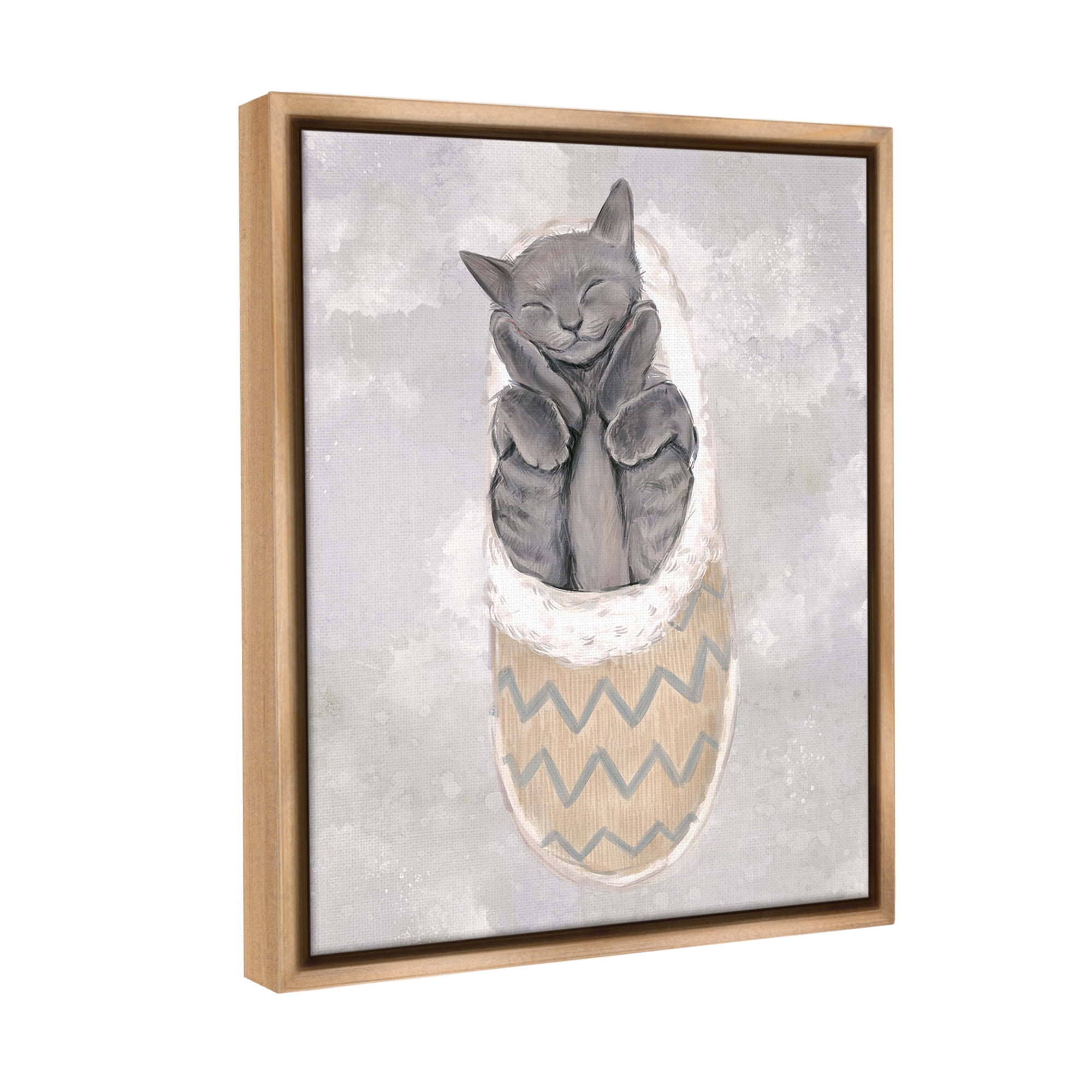 Stupell Industries Grey Kitten Sleeping Animals & Insects Painting Brown Floater Framed Canvas Art Print Wall Art, 17 x 21