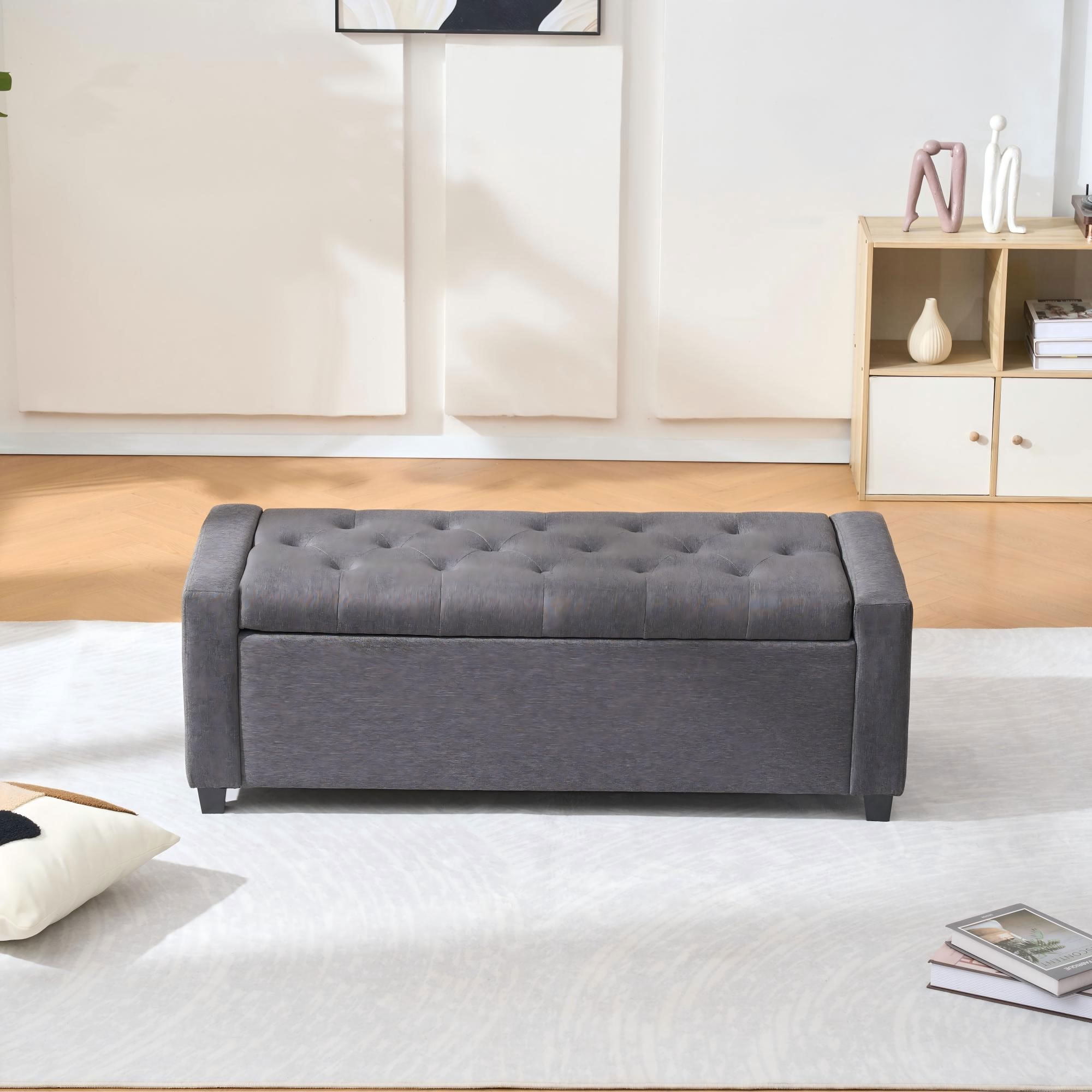 MAYEERTY 48 Inch Tufted Storage Ottoman Bench, Faux Linen Flip-Top Multi-Use Accent Bench for Bedroom Living Room Entryway