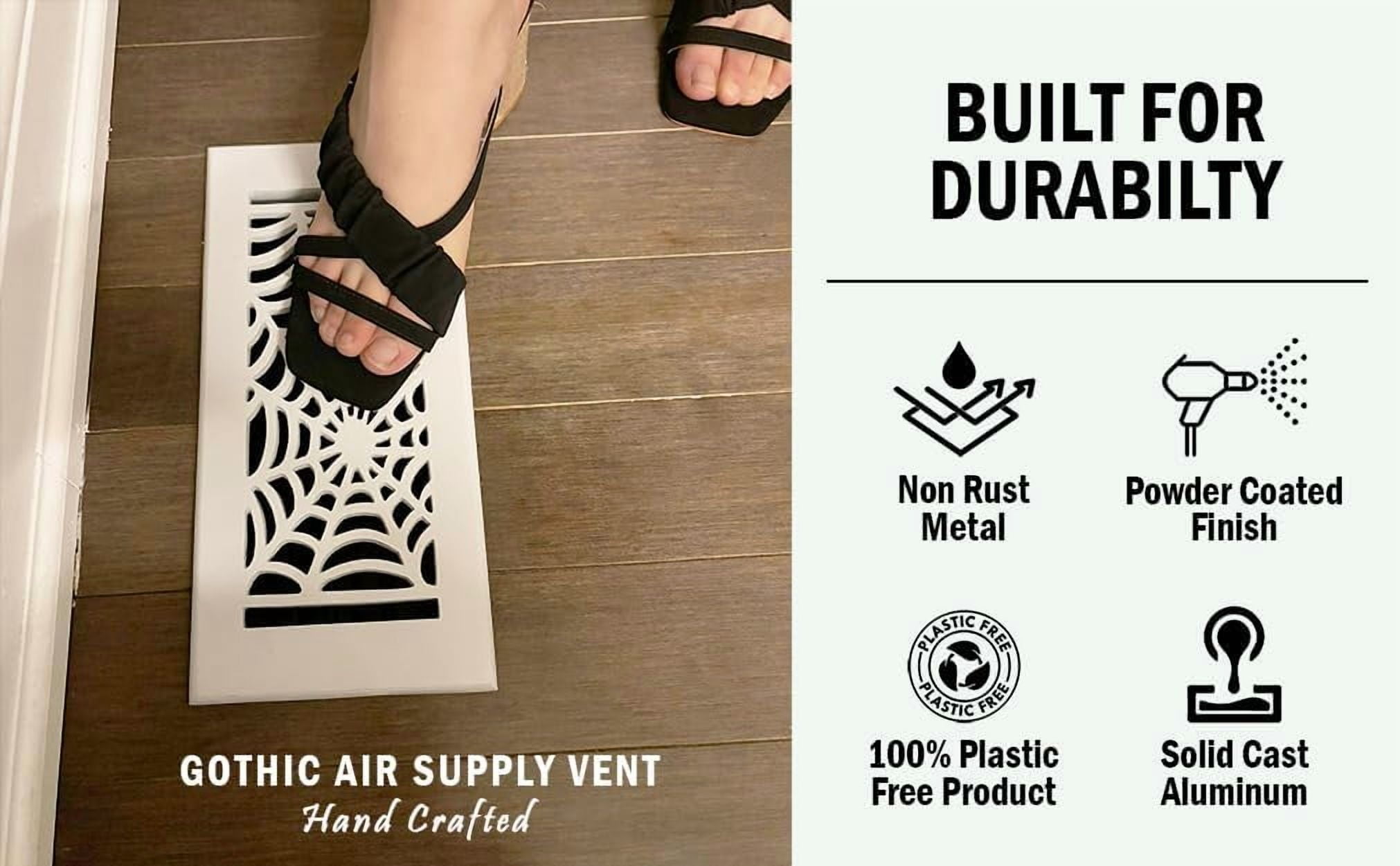 SET OF 9 Spooky Gothic Vent Cover 4"x10" Duct Opening (Overall 5-1/2"x 11-3/4") in Spider Web Solid Cast Aluminum Register Cover || Powder Coated White No holes