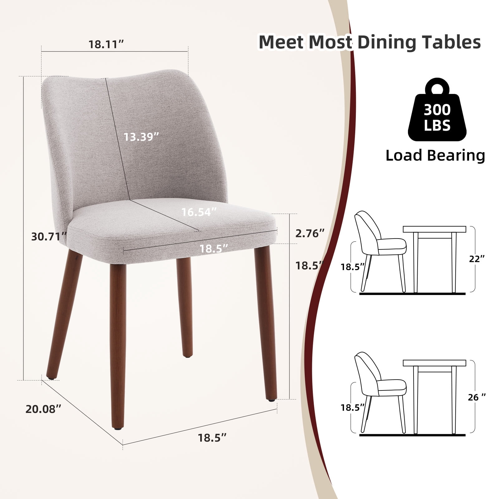 OUTGOODS Set of 2 Modern Dining Chairs, Linen Upholstered, Wood Legs