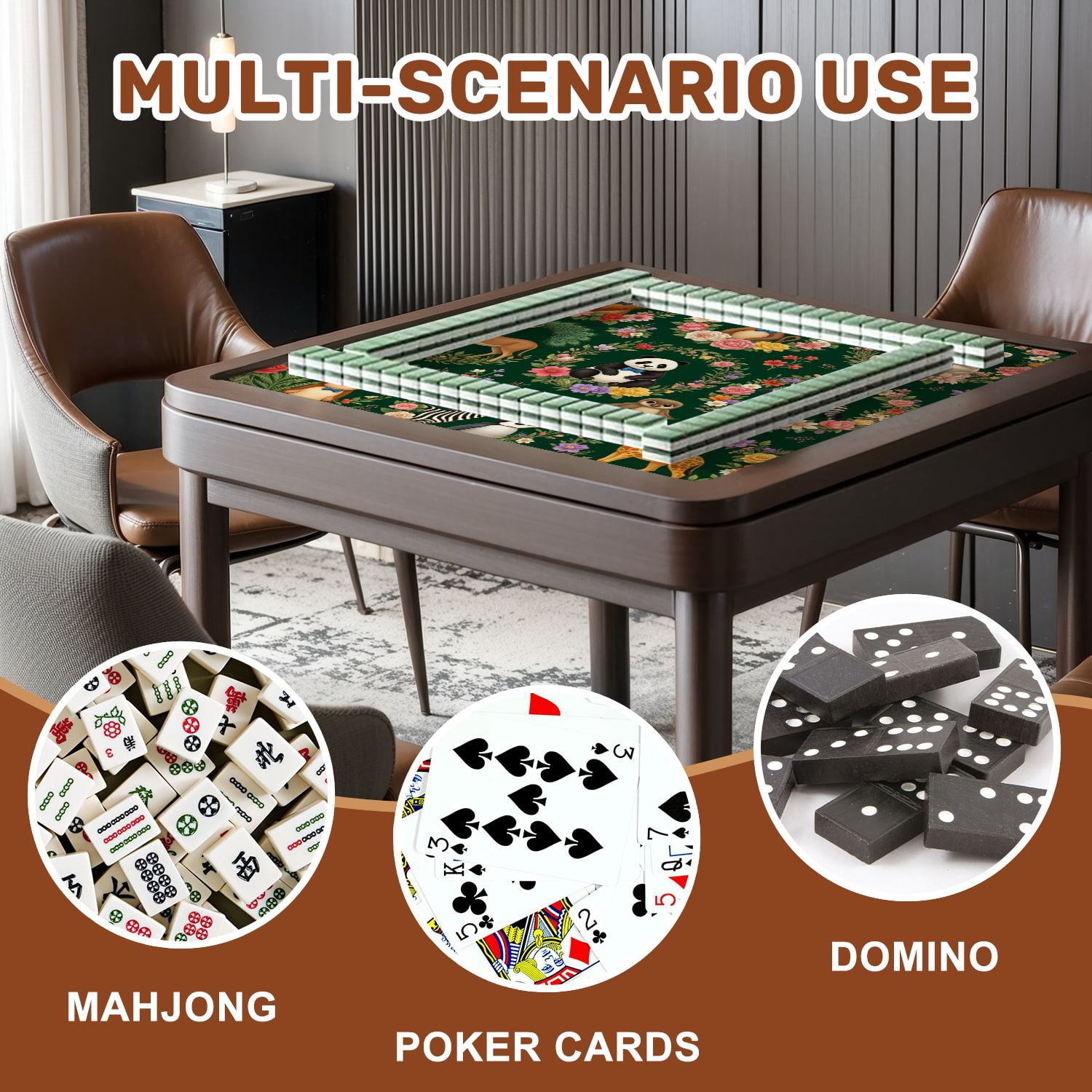 Mahjong Mat 31.5" x 31.5" Cute Animal Illustrations Floral Wreaths Dark Green Non-Slip Noise Reduction American Mahjong Tiles Table Cover for Dominoes Poker Card Board Games Gift
