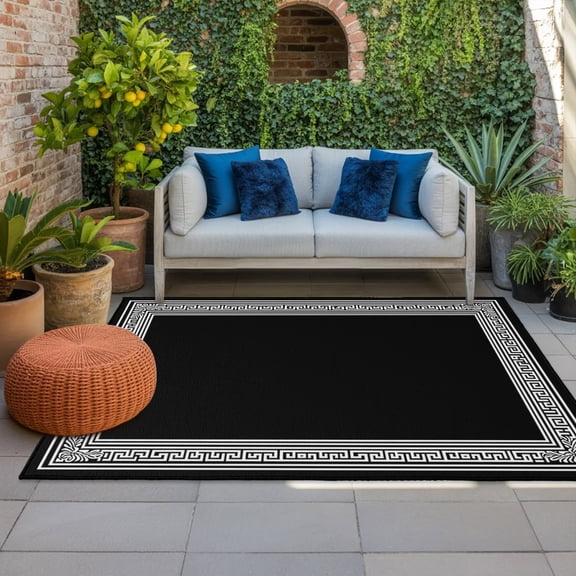 Outdoor Rug, Black Abstract Geometric Indoor Area Rug Outdoor Carpet RV Camping Rugs 4x6ft Back Print Outside Mat for Patio Picnic Porch Deck Balcony Backyard