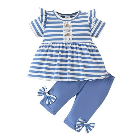 9 Months Baby Girls Clothes 12 Months Girls 2PCS Outfits Set Round Neck Infant Girls Short Sleeve Stripe Top Pants Set Blue