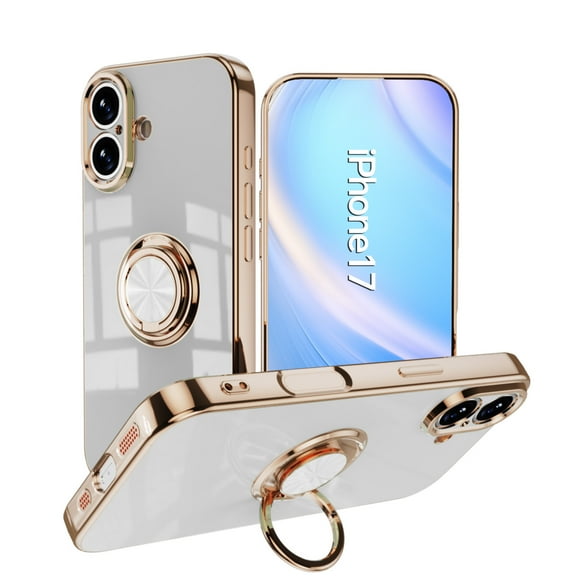 Design for iPhone 17 Case, Soft TPU Edge Plating 360 Degree Rotation Ring Holder Kickstand Protective Anti-Scratch Cover Magnetic Work with Car for iPhone 17, White