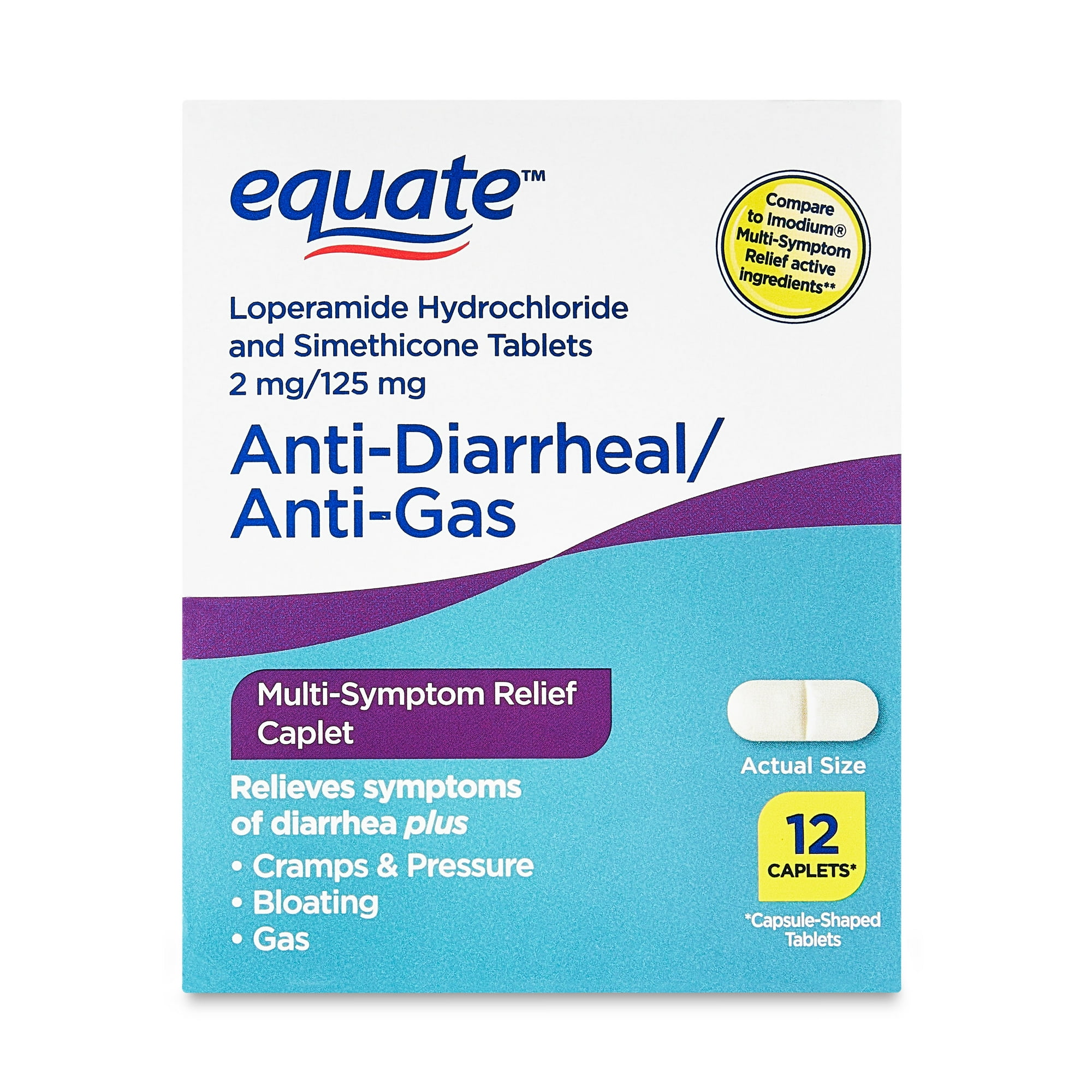 Equate Anti-Diarrheal/Anti-Gas Multi-Symptom Relief 2mg/125mg Caplets, 12 Count, Compare to Imodium® Multi-Symptom Relief Active Ingredients
