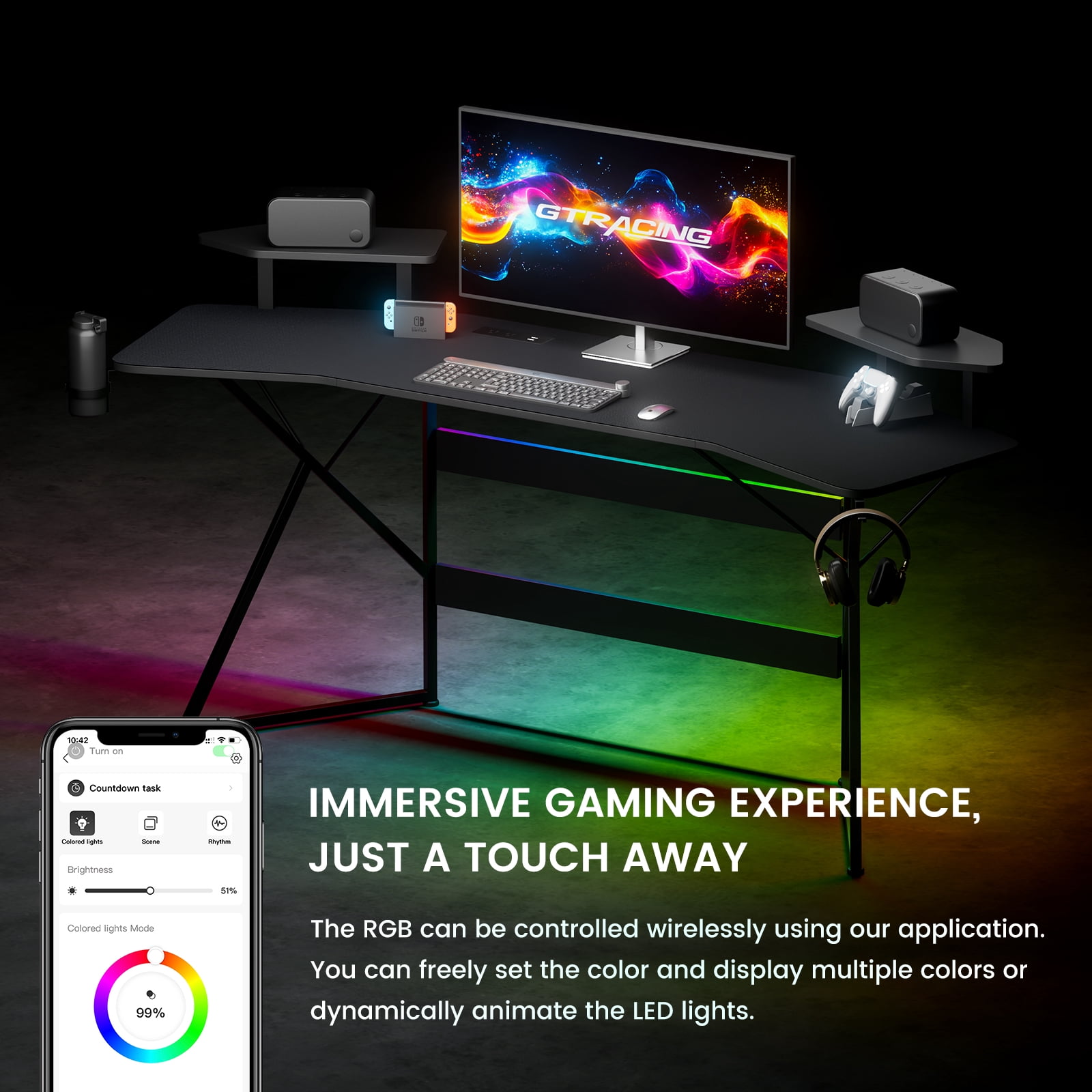 GTRACING Wing-Shaped Gaming Desk with Power Outlet, RGB LED Lights, Removable Monitor Stand, Full-sized Mouse Pad, Headphone Hook & Cup Holder, Black