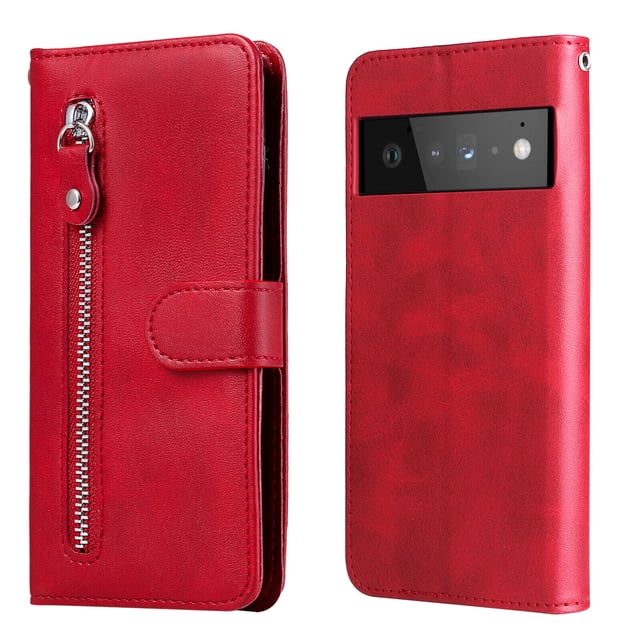 Étui pour Google Pixel 6 PRO 5G, Portefeuille à Poche Zippée en Cuir, Fermeture Magnétique, Couverture à Rabat - Rouge