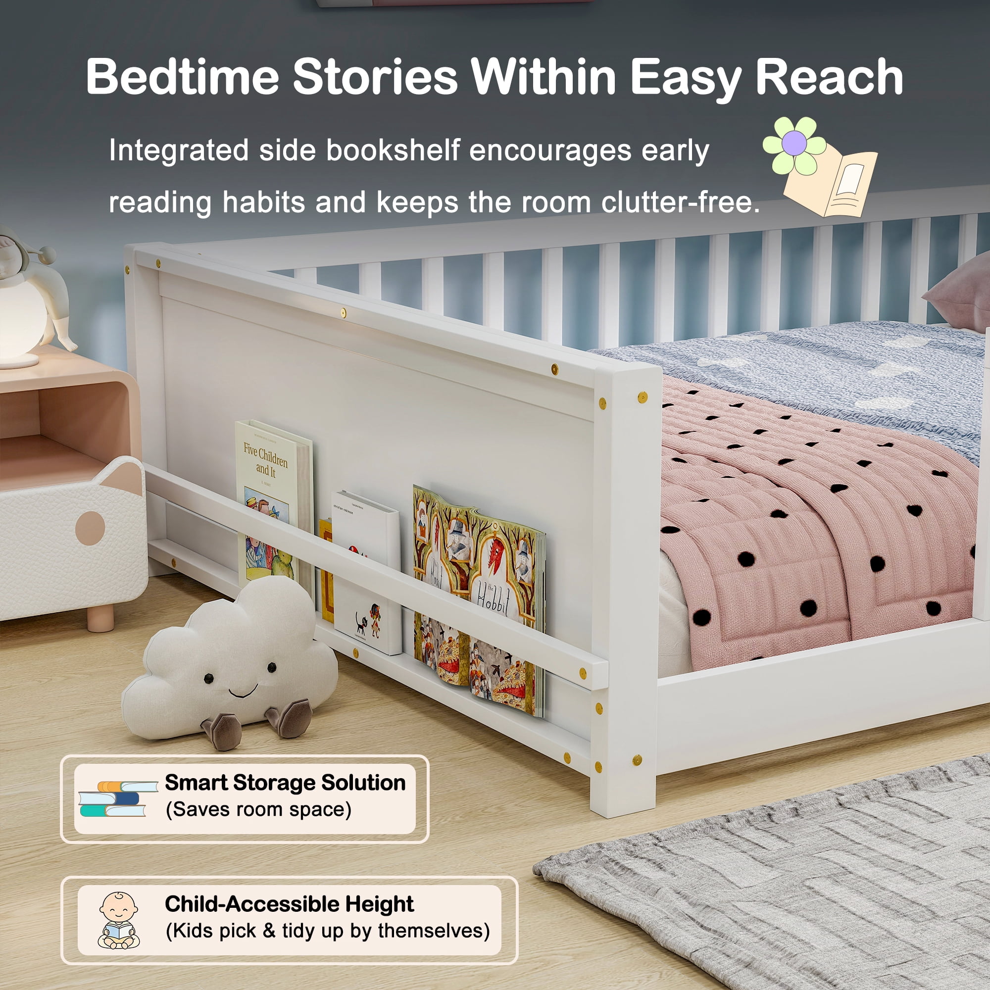 Miniyam Full Size Kids Floor Bed with Guardrails and Bookshelf, Wooden Low Profile Bed, White