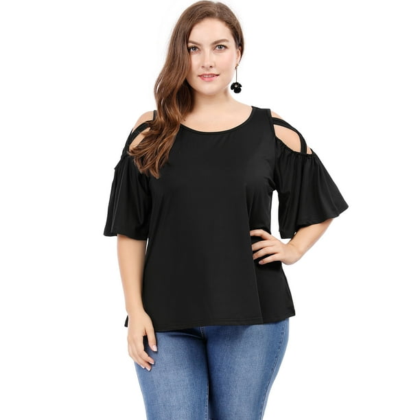 Women Plus Size Trumpet Sleeves Strappy Cold Shoulder Top Blouse
