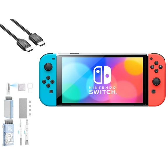 Pre-Owned Nintendo Switch OLED Model Neon Blue/Neon Red Set with BOLT AXTION Cleaning Kit HDMI Bundle