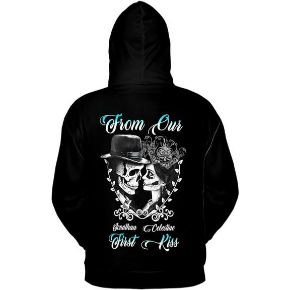 Lotusprinthandmade Personalized Skull Couple From Our First Kiss Black Hoodie 2D S-5XL 50/50 cotton/polyester mix