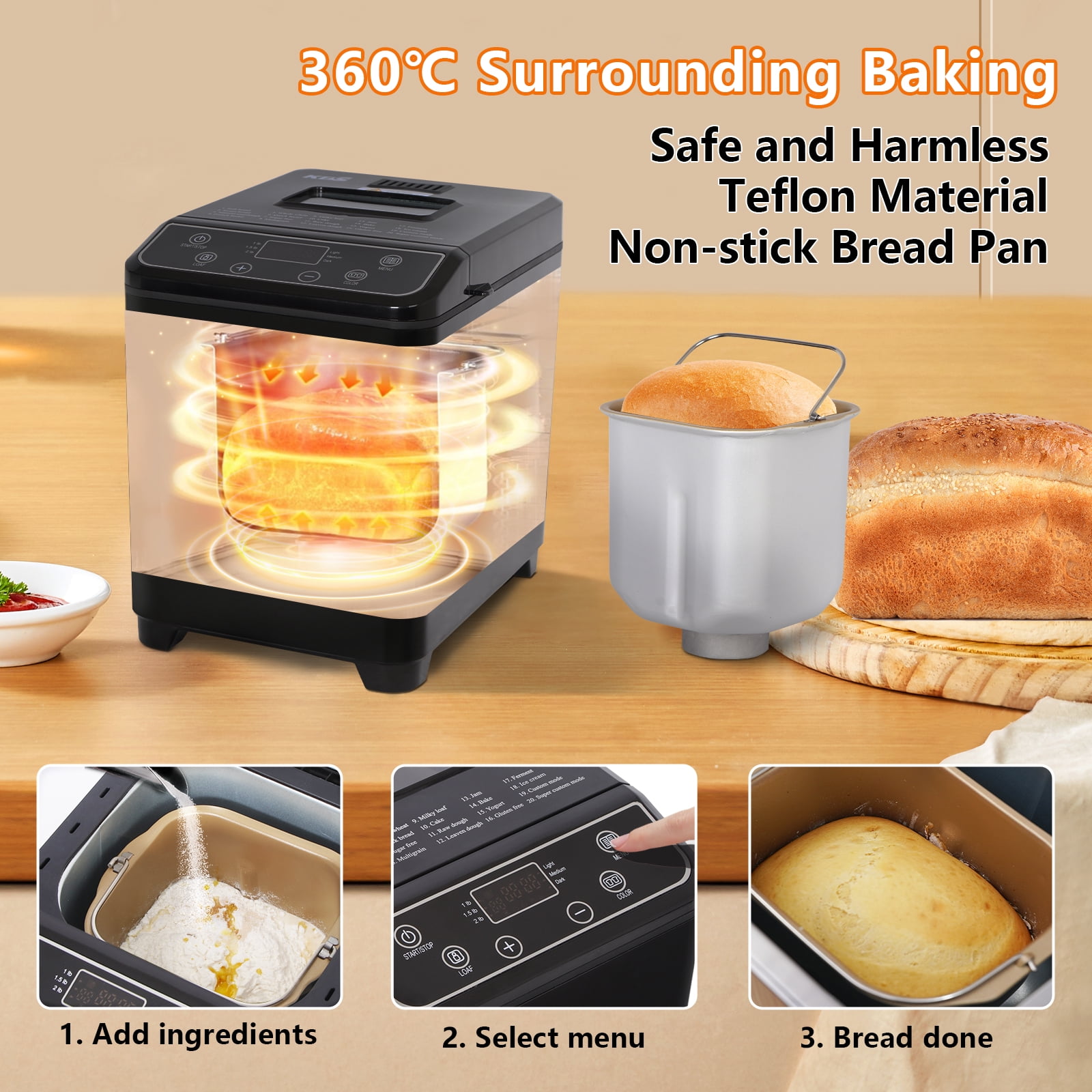 KBS  Bread Maker Machine with Ice cream program,20-in-1 2LB Fully automatic bread machine，DIY setting,15 Hour delay timer,Black Model#070 Ice cream version