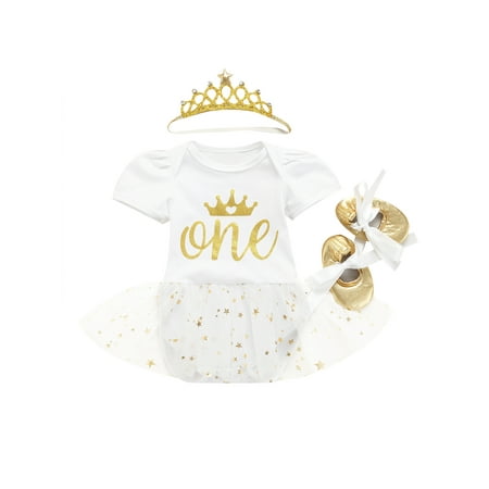 

jaweiw Baby Girls Birthday Outfit Set White Letter Bodysuit Star Mesh Skirt Splicing Romper + Headband + Shoes