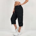 thumbnail image 7 of LEAVINGSUO Cargo Pants Women Solid Color Casual Straight Leg Stretch Waistband Pocket Workwear Capri Pants Black S, 7 of 7