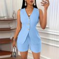 thumbnail image 2 of VIWORLD Women's 2-Piece Sleeveless Vest Shorts Set V-Neck Button Down Casual Matching Suit Summer Outfit Blue，XL, 2 of 5