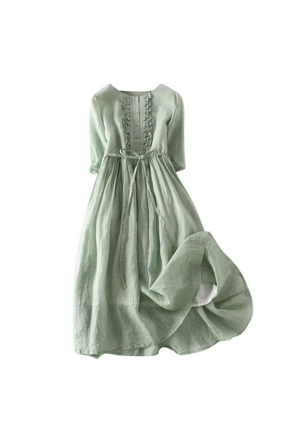 Cotton Linen Sundress for Women Solid Color 3/4 Sleeve Button Maxi Dress Tunic Bow Tie Front Layered Flowy Dresses